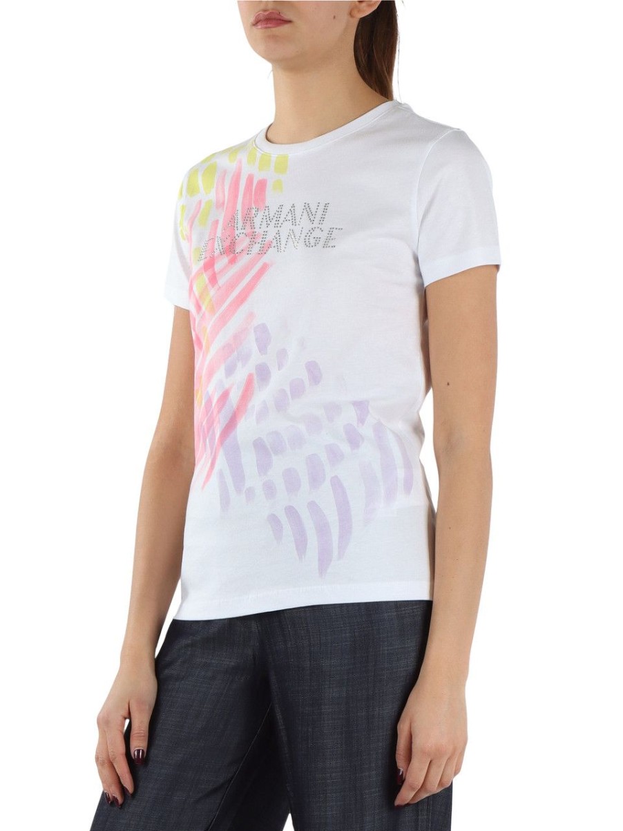 Donna ARMANI EXCHANGE | T-Shirt In Cotone Con Scritta Logo In Strass Bianco