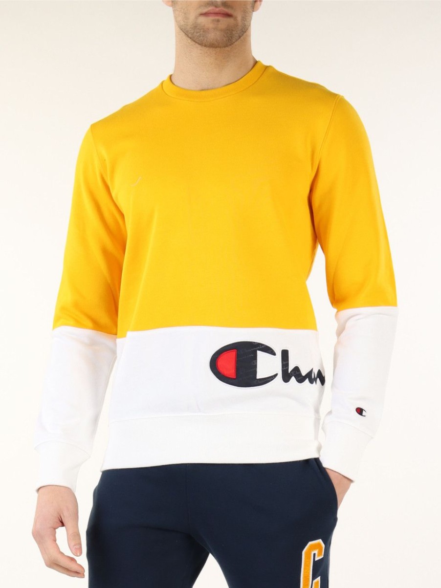 Uomo CHAMPION | Felpa In Cotone Garzato Con Scritta Logo Giallo