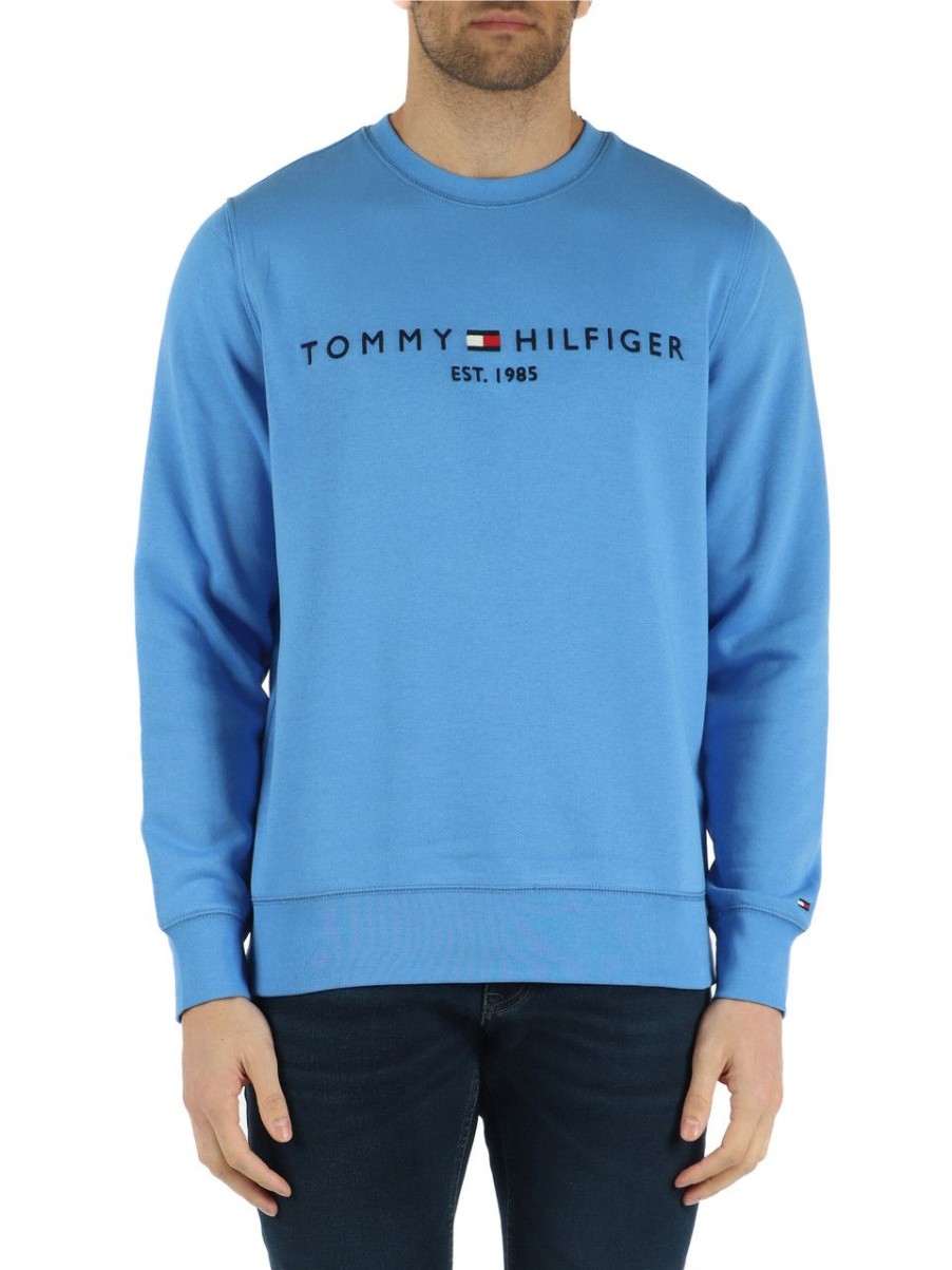 Uomo TOMMY HILFIGER | Felpa Girocollo In Misto Cotone Azzurro