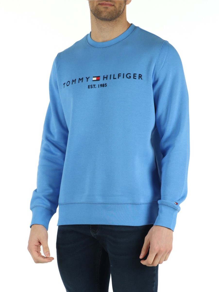 Uomo TOMMY HILFIGER | Felpa Girocollo In Misto Cotone Azzurro