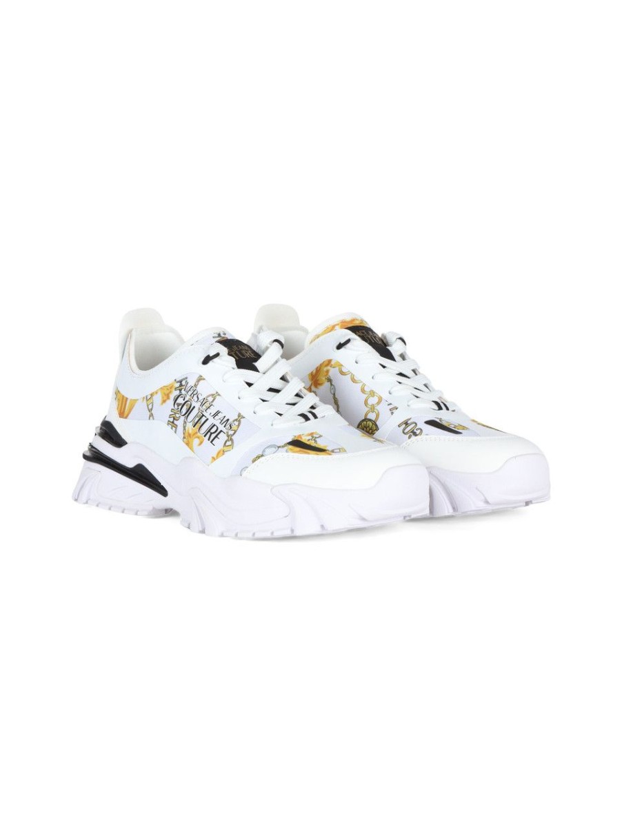 Uomo VERSACE JEANS COUTURE | Sneakers In Tessuto Ed Ecopelle Con Stampa Logo Bianco