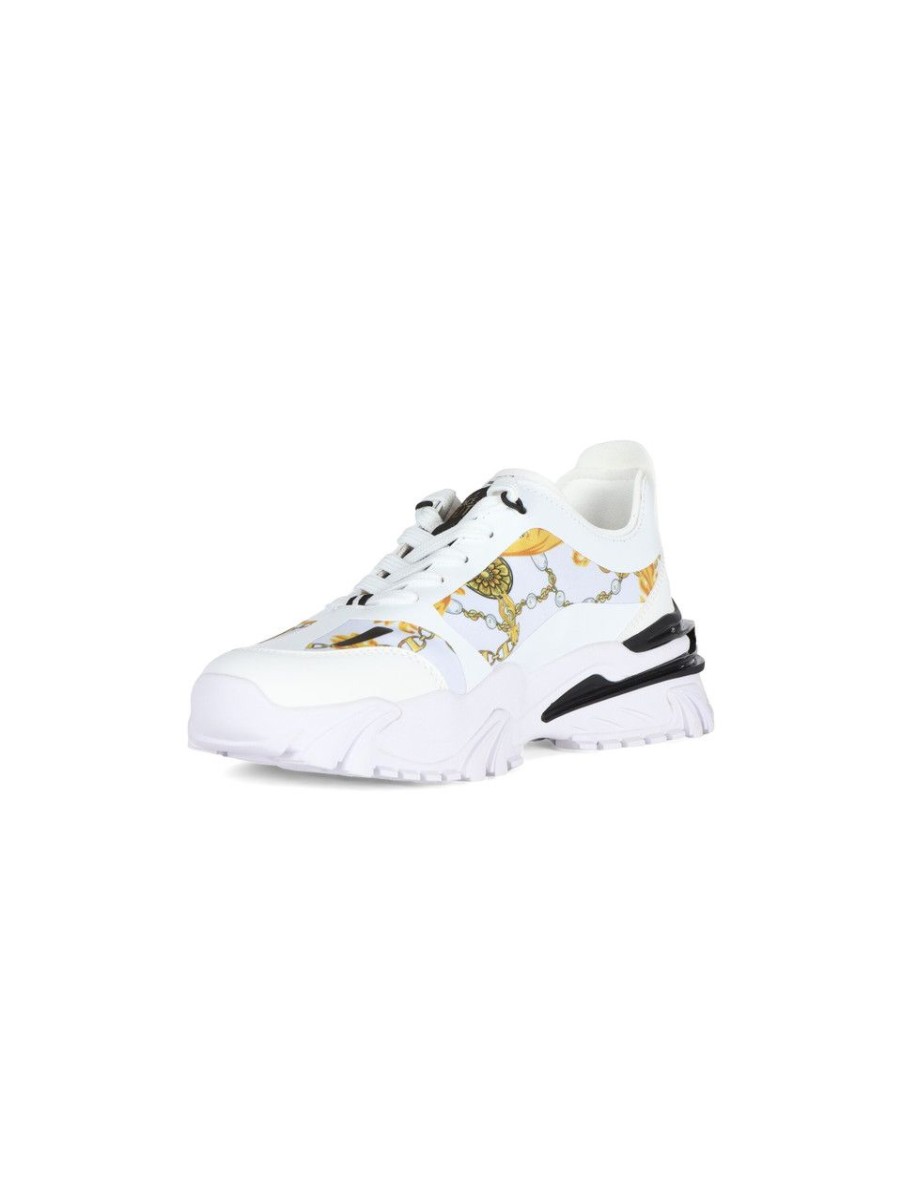 Uomo VERSACE JEANS COUTURE | Sneakers In Tessuto Ed Ecopelle Con Stampa Logo Bianco