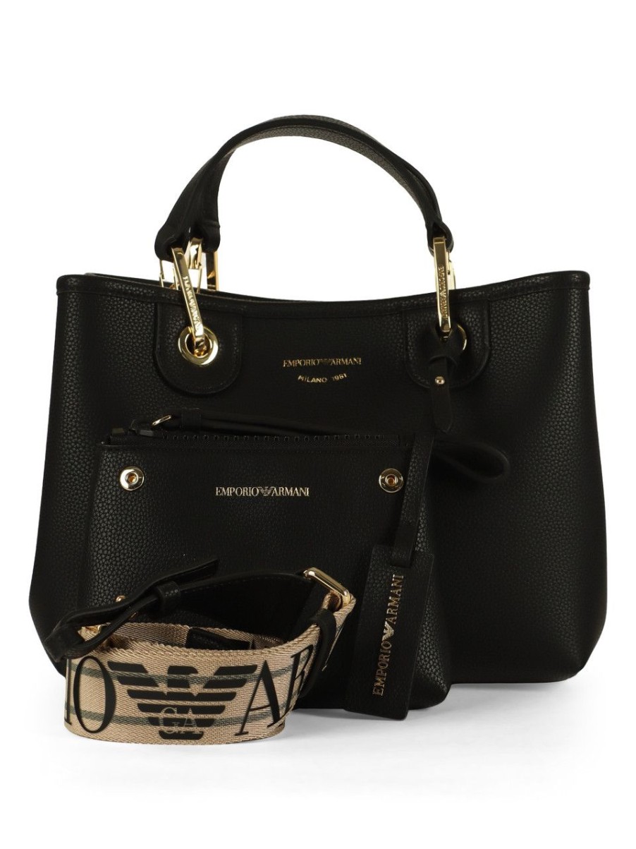 Donna EMPORIO ARMANI | Borsa A Mano Media Effetto Martellato Con Logo Impresso Nero