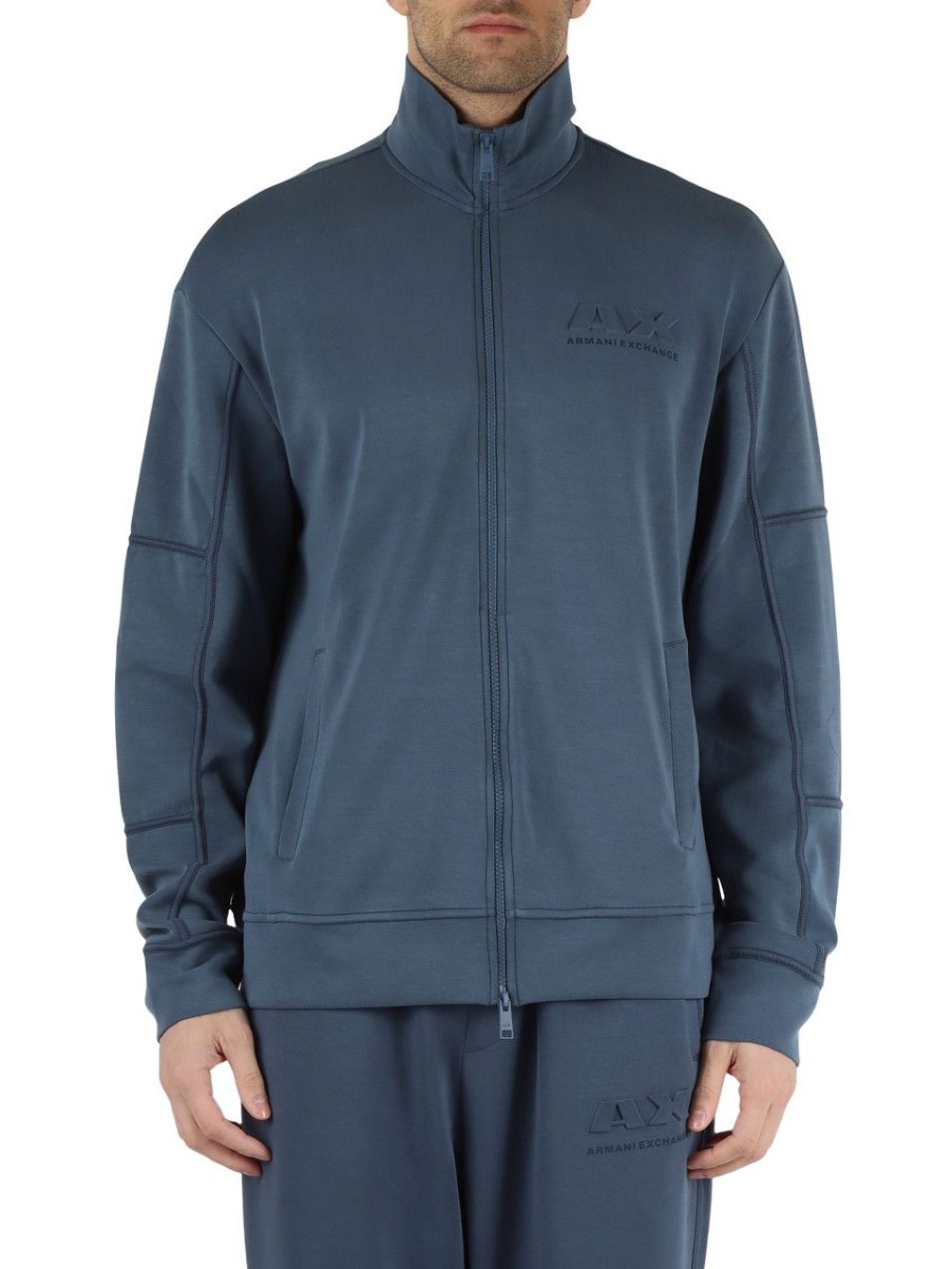 Uomo ARMANI EXCHANGE | Felpa Con Zip In Misto Modal Con Scritta Logo Blu Chiaro