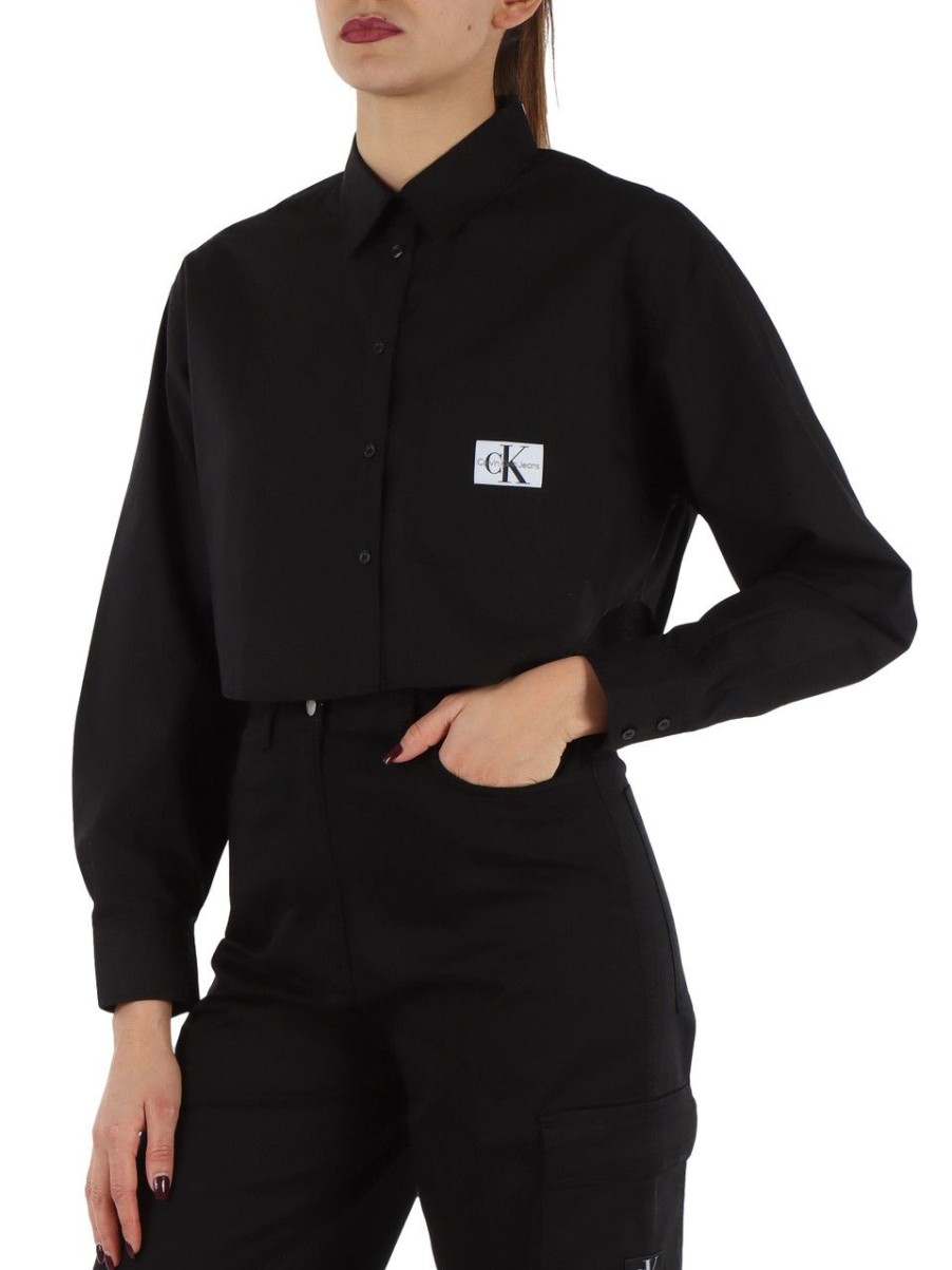 Donna CALVIN KLEIN JEANS | Camicia Cropped In Cotone Con Patch Logo Frontale Nero