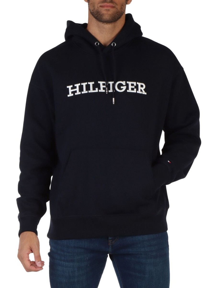 Uomo TOMMY HILFIGER | Felpa In Misto Cotone Con Cappuccio E Ricamo Logo Blu Scuro