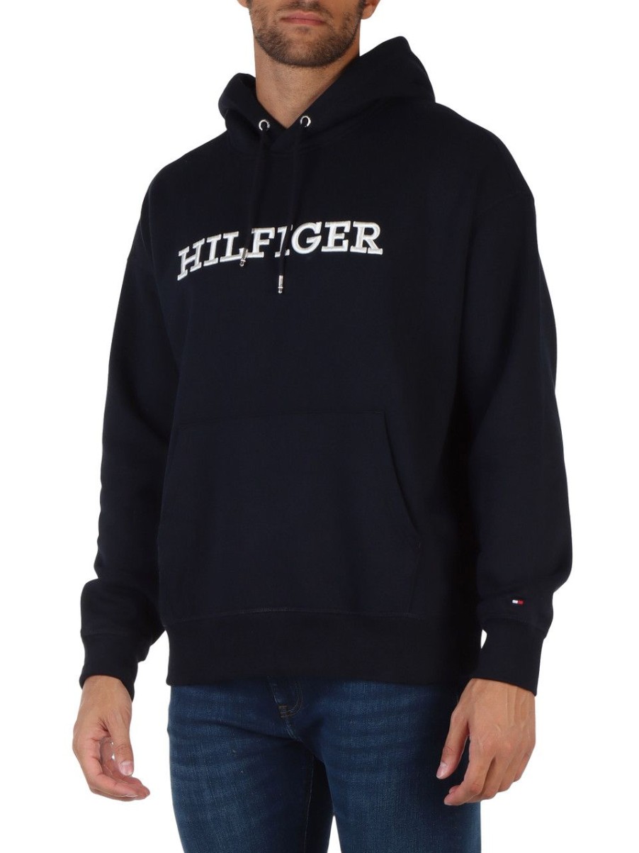 Uomo TOMMY HILFIGER | Felpa In Misto Cotone Con Cappuccio E Ricamo Logo Blu Scuro