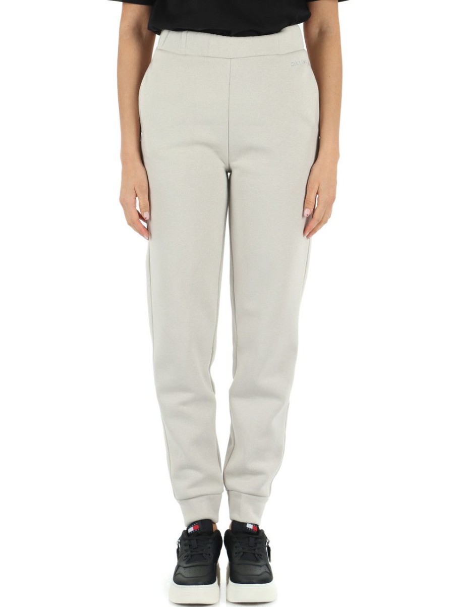 Donna CALVIN KLEIN | Pantalone Sportivo Felpato Con Scritta Logo Grigio