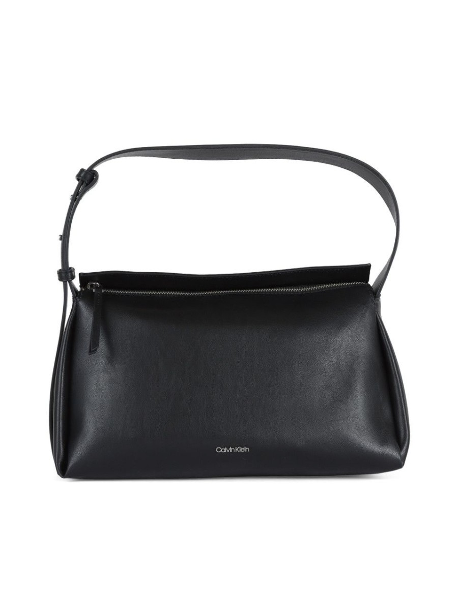 Donna CALVIN KLEIN | Borsa A Spalla Morbida Con Placca Logo Nero