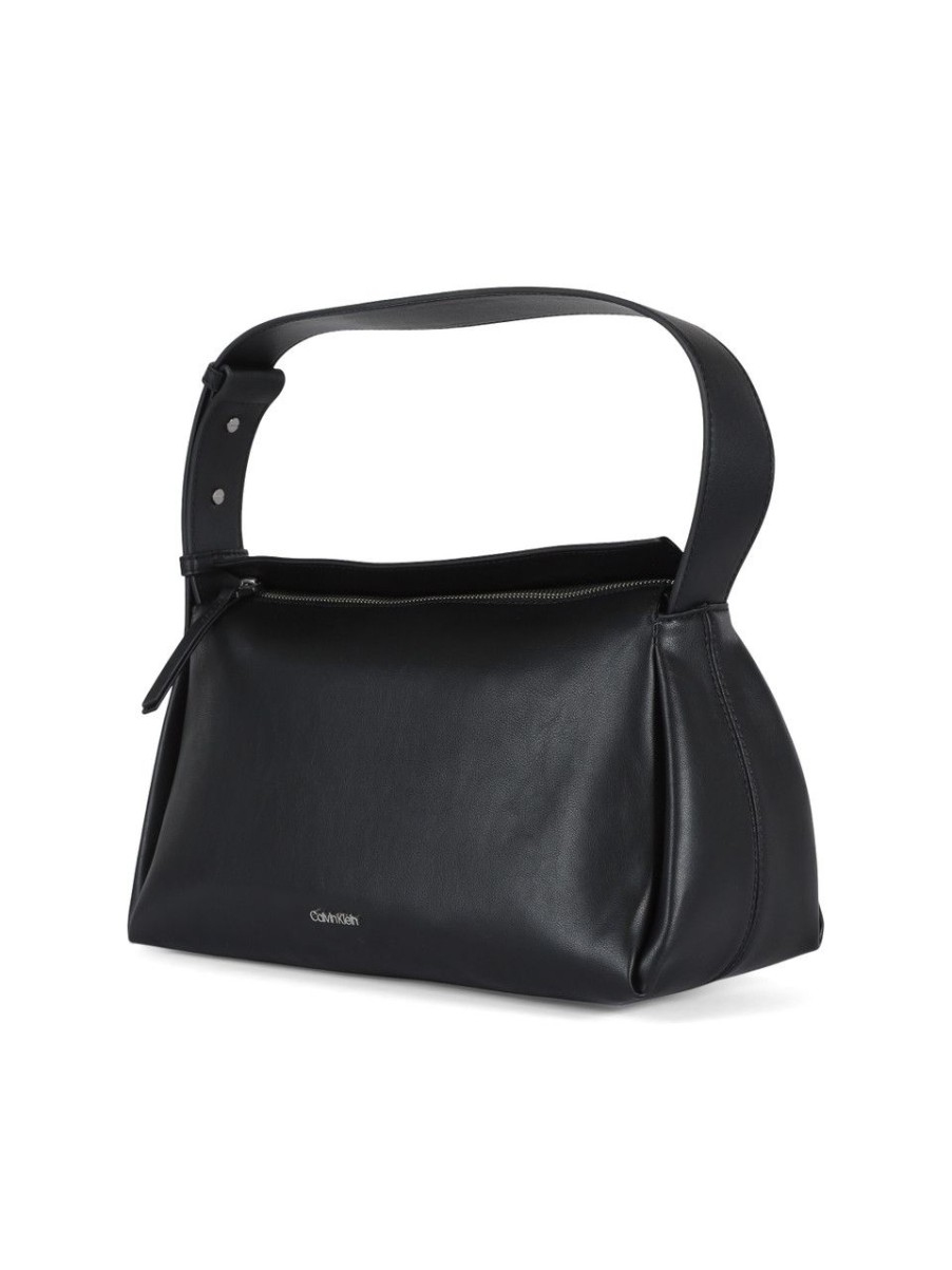 Donna CALVIN KLEIN | Borsa A Spalla Morbida Con Placca Logo Nero