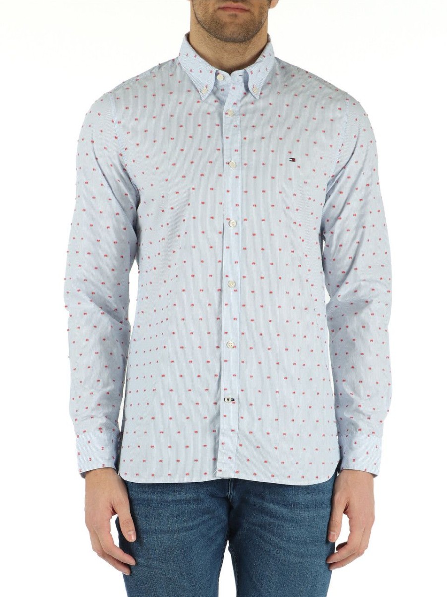 Uomo TOMMY HILFIGER | Camicia Slim Fit In Cotone Con Righe E Pois Celeste