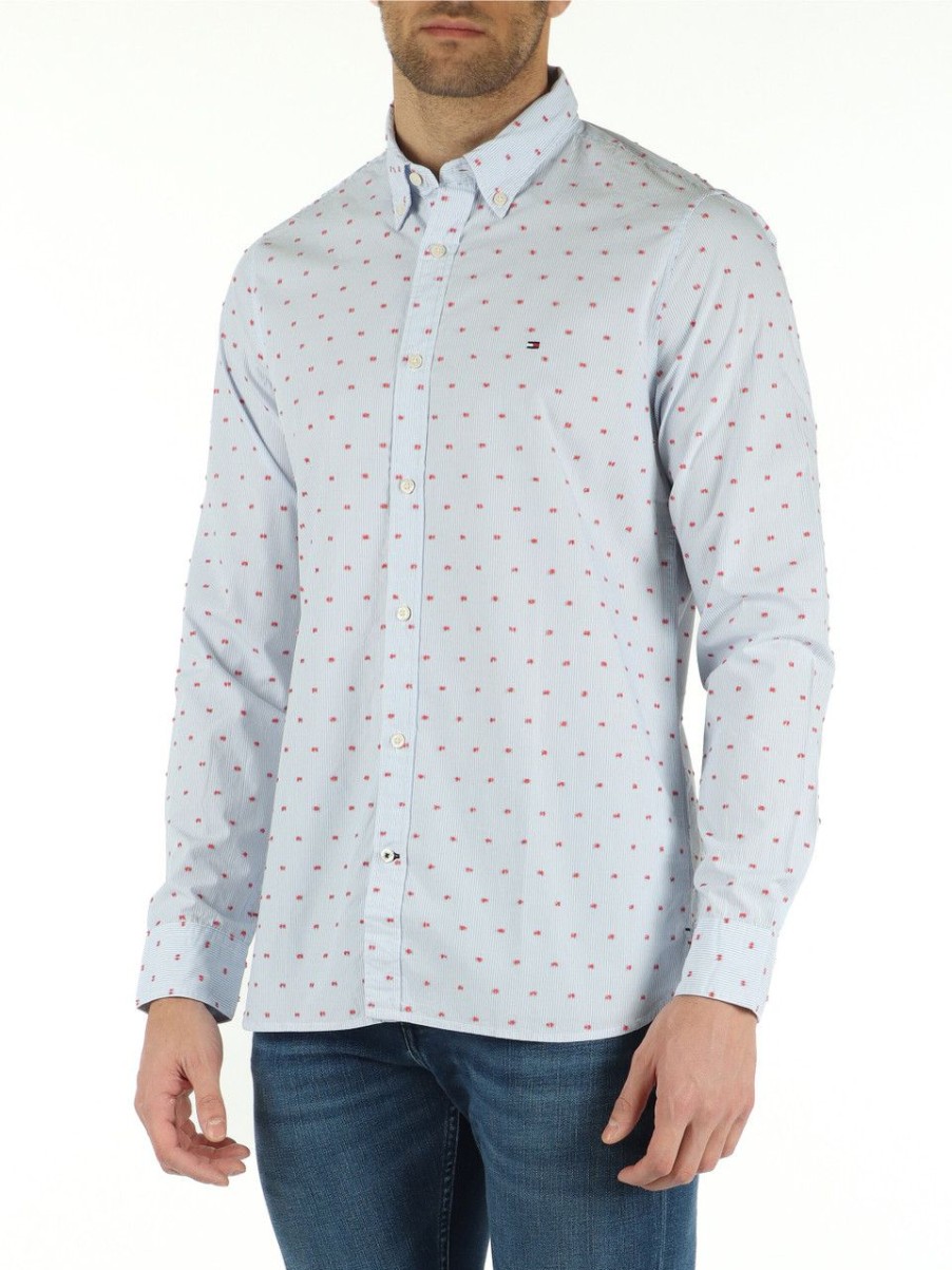 Uomo TOMMY HILFIGER | Camicia Slim Fit In Cotone Con Righe E Pois Celeste