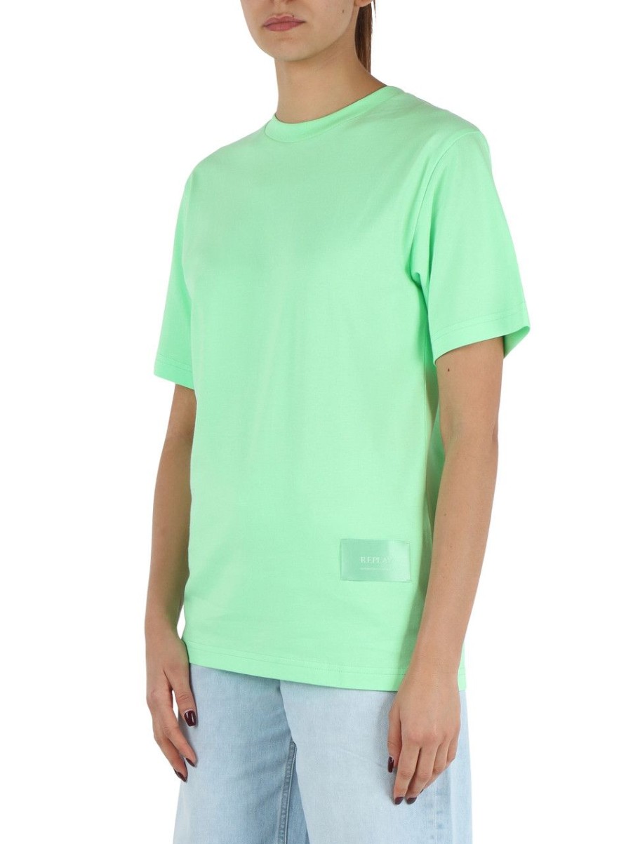 Donna REPLAY | T-Shirt In Cotone Con Etichetta Logo Verde Chiaro