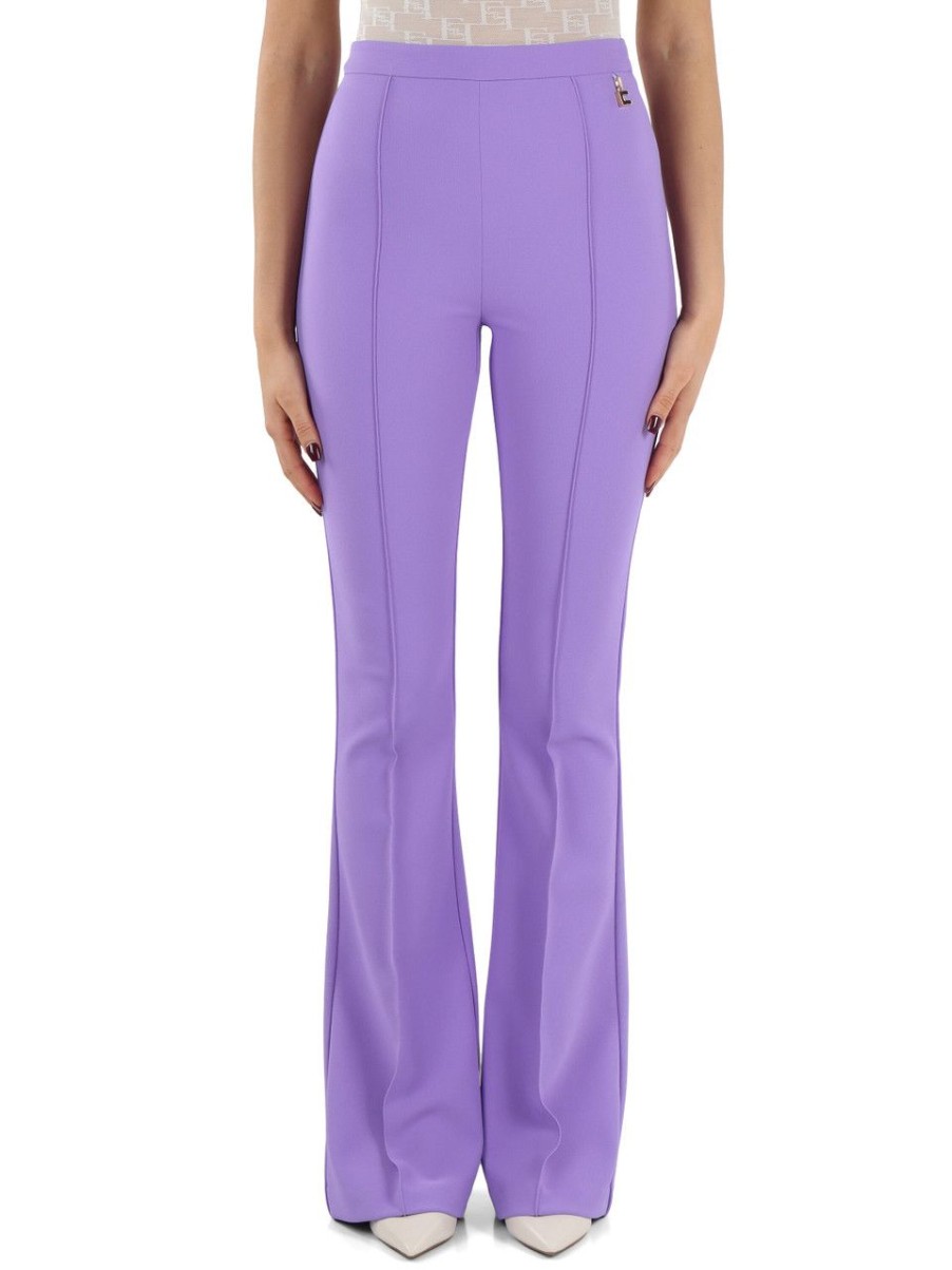 Donna ELISABETTA FRANCHI | Pantalone Svasato In Crepe Stretch Con Placca Logo Viola Chiaro