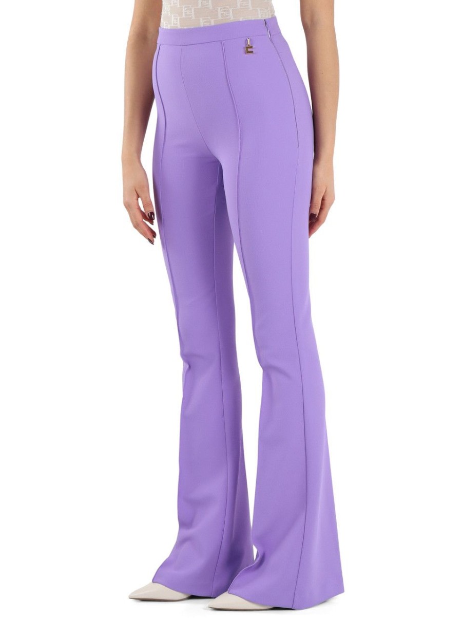 Donna ELISABETTA FRANCHI | Pantalone Svasato In Crepe Stretch Con Placca Logo Viola Chiaro