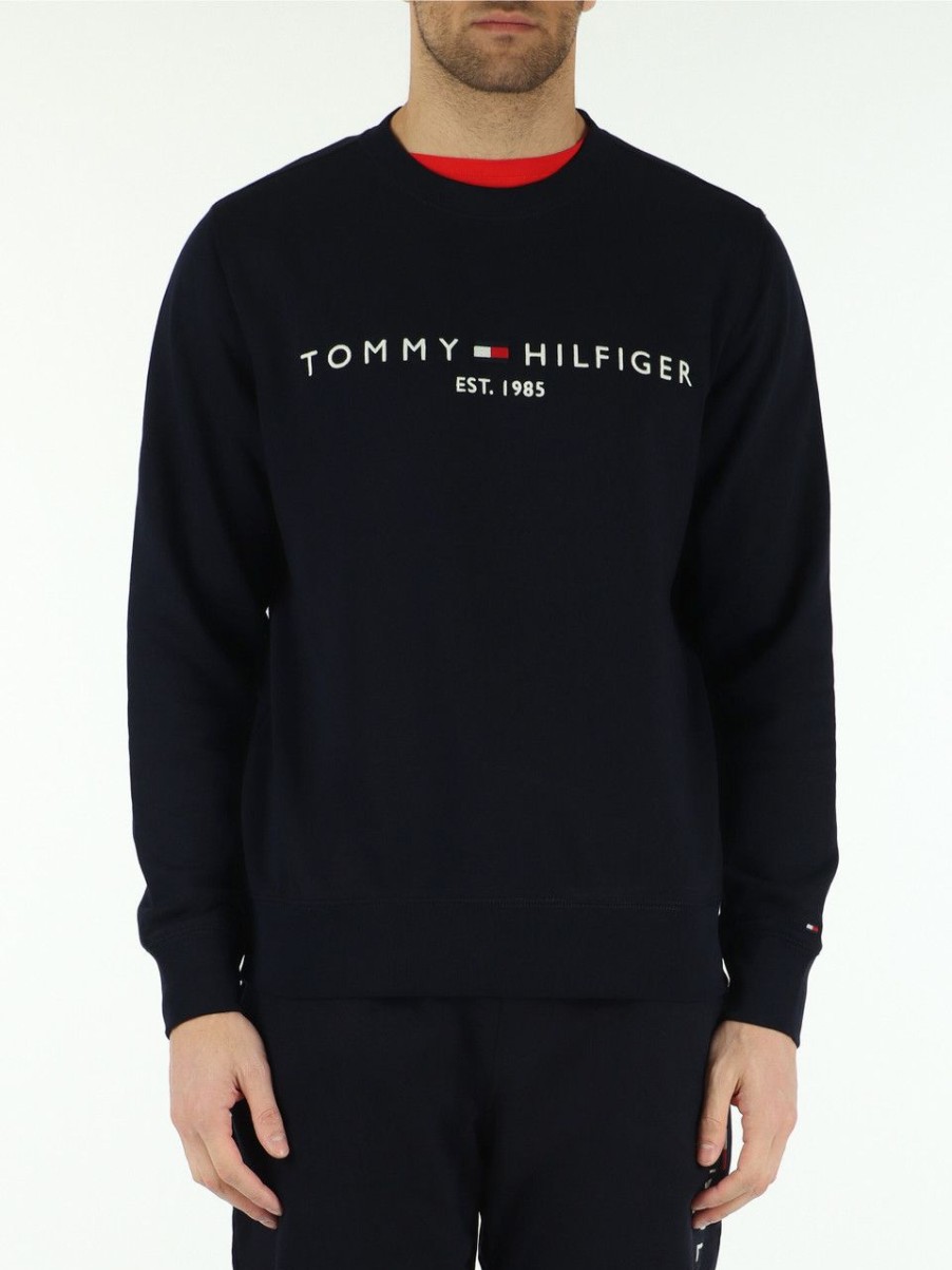 Uomo TOMMY HILFIGER | Felpa Girocollo In Misto Cotone Blu Scuro