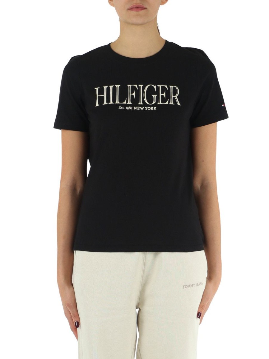 Donna TOMMY HILFIGER | T-Shirt In Cotone Con Scritta Logo Frontale Nero