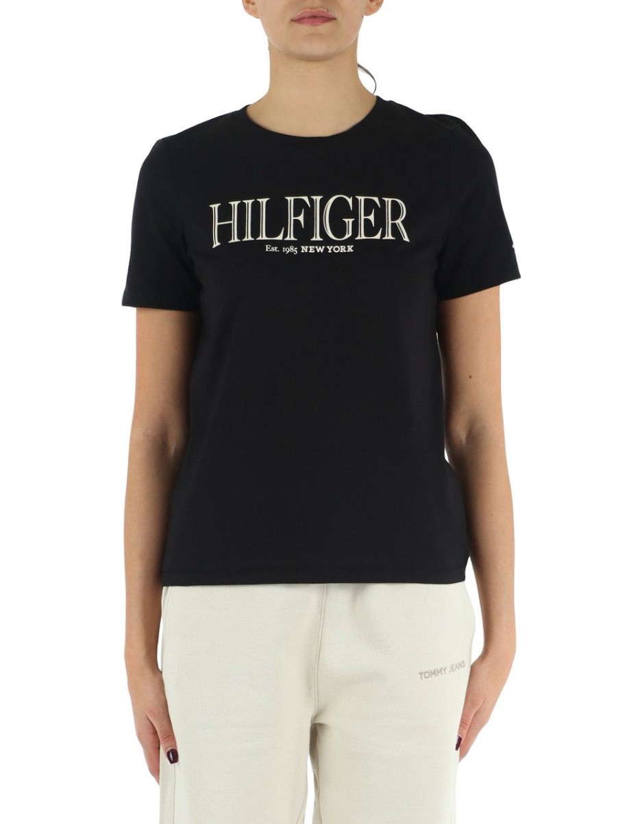 Donna TOMMY HILFIGER | T-Shirt In Cotone Con Scritta Logo Frontale Nero