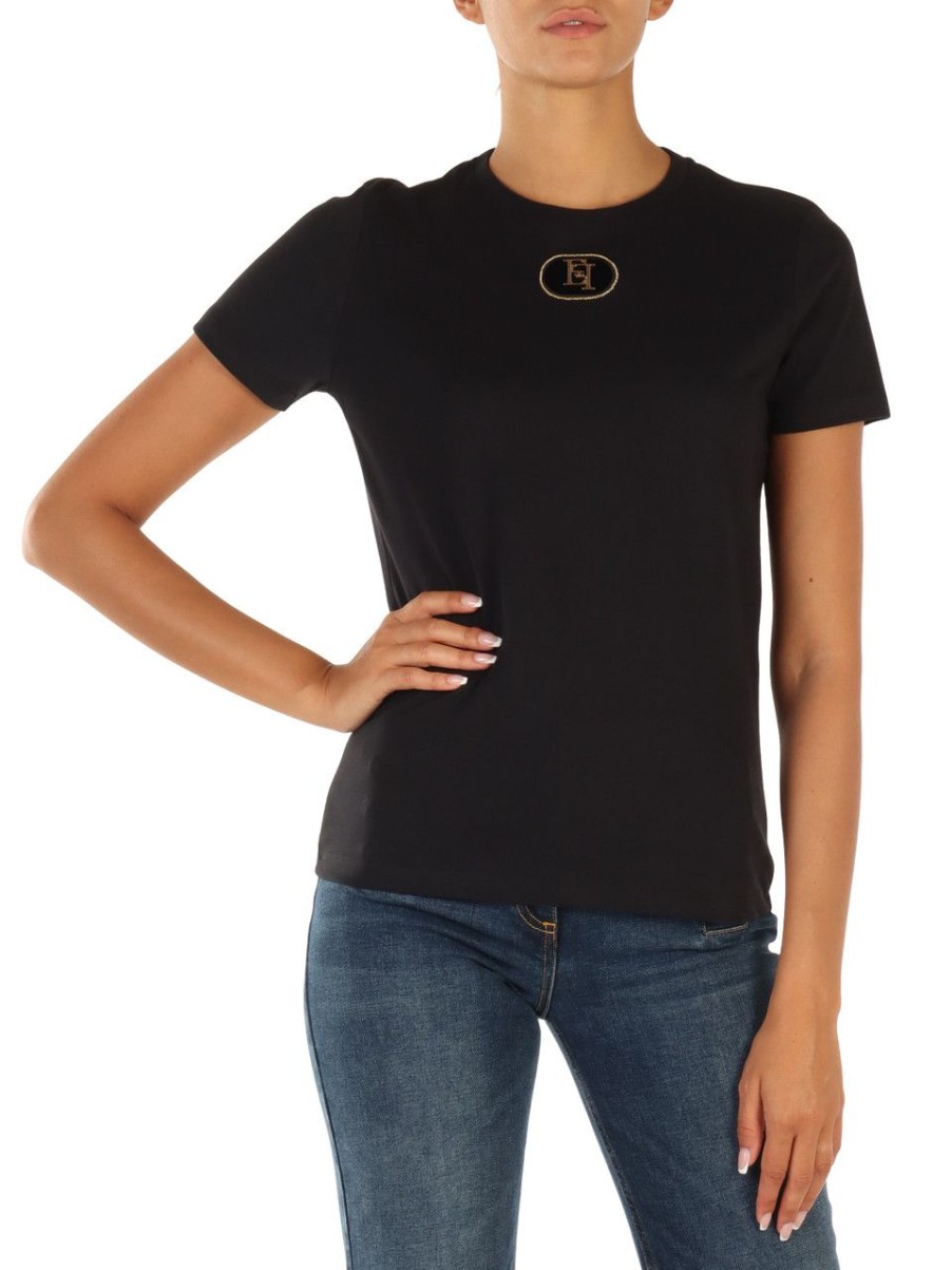 Donna ELISABETTA FRANCHI | T-Shirt In Cotone Con Placca Logo Frontale Nero