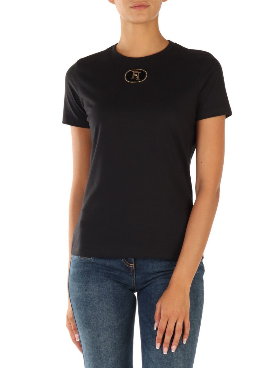 Donna ELISABETTA FRANCHI | T-Shirt In Cotone Con Placca Logo Frontale Nero