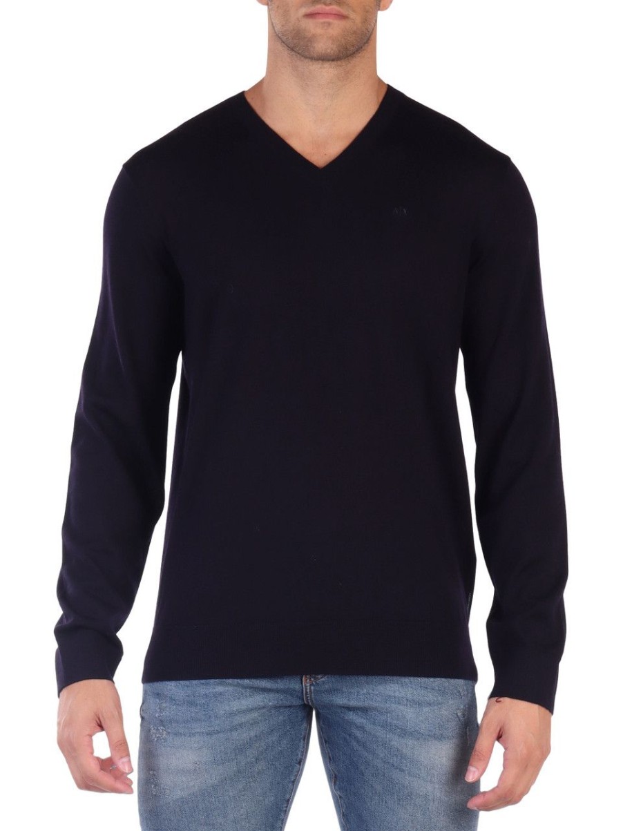 Uomo ARMANI EXCHANGE | Maglia Collo A V In Lana Vergine Con Ricamo Logo Blu Scuro