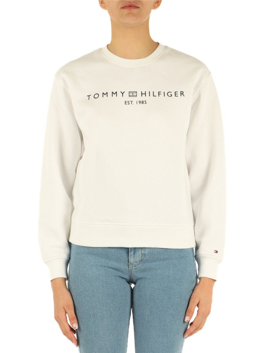 Donna TOMMY HILFIGER | Felpa Girocollo In Misto Cotone Con Scritta Logo Bianco