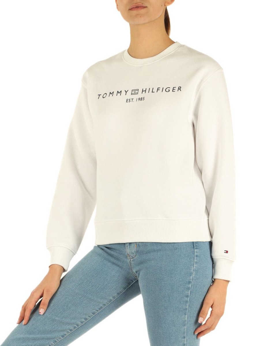 Donna TOMMY HILFIGER | Felpa Girocollo In Misto Cotone Con Scritta Logo Bianco