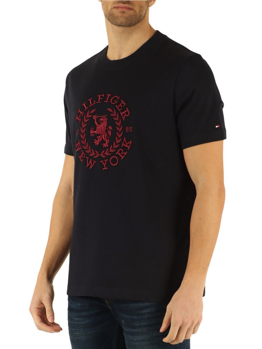 Uomo TOMMY HILFIGER | T-Shirt Regular Fit In Cotone Con Ricamo Logo Blu Scuro