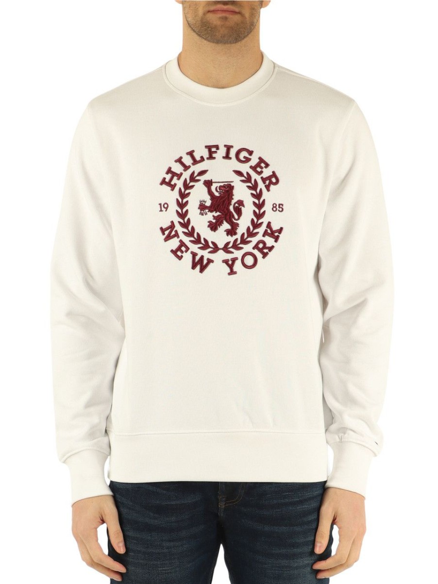 Uomo TOMMY HILFIGER | Felpa In Cotone Garzato Con Ricamo Logo Bianco