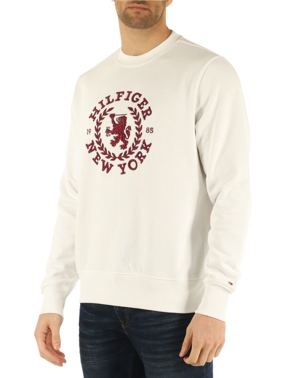 Uomo TOMMY HILFIGER | Felpa In Cotone Garzato Con Ricamo Logo Bianco