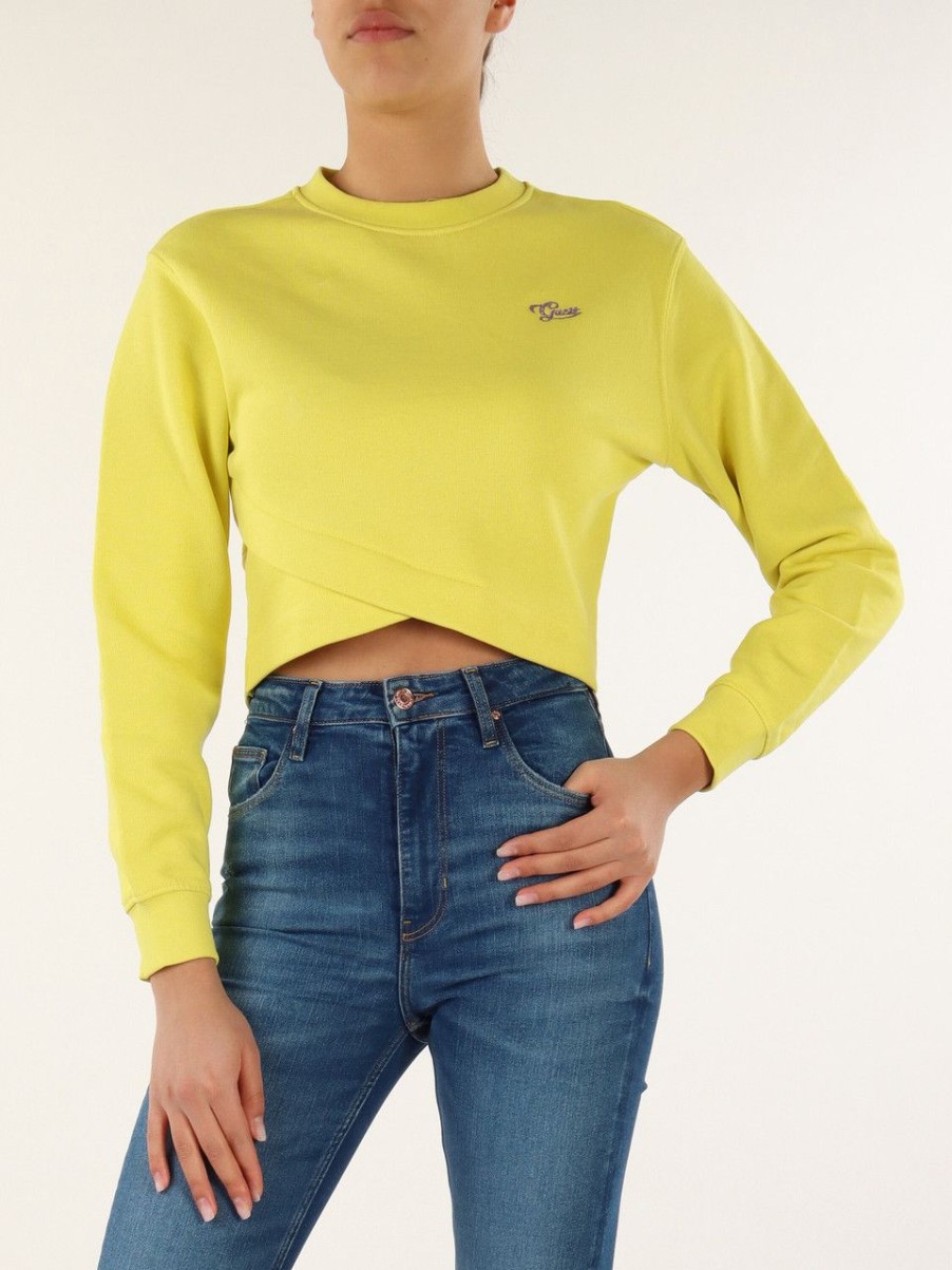 Donna GUESS | Felpa Cropped In Cotone Garzato Verde Chiaro