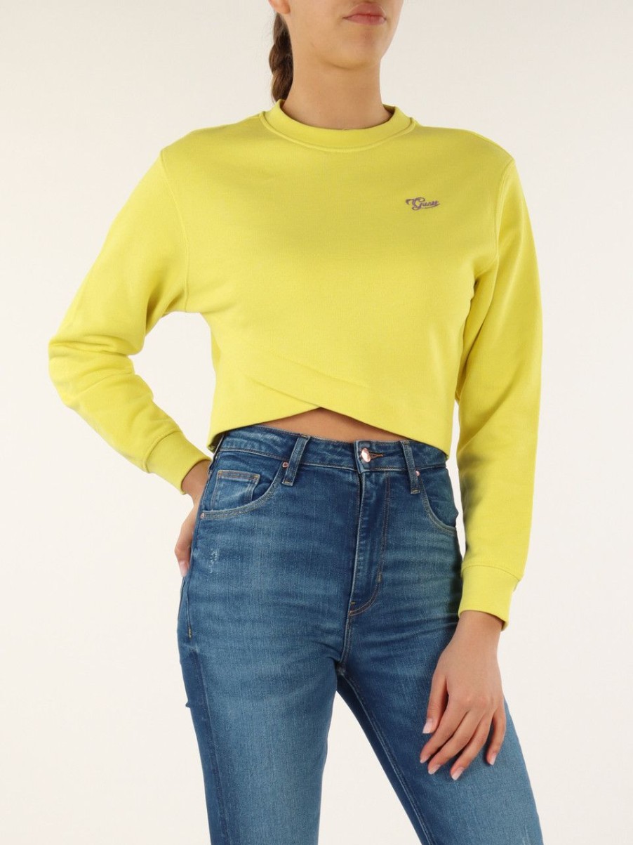 Donna GUESS | Felpa Cropped In Cotone Garzato Verde Chiaro