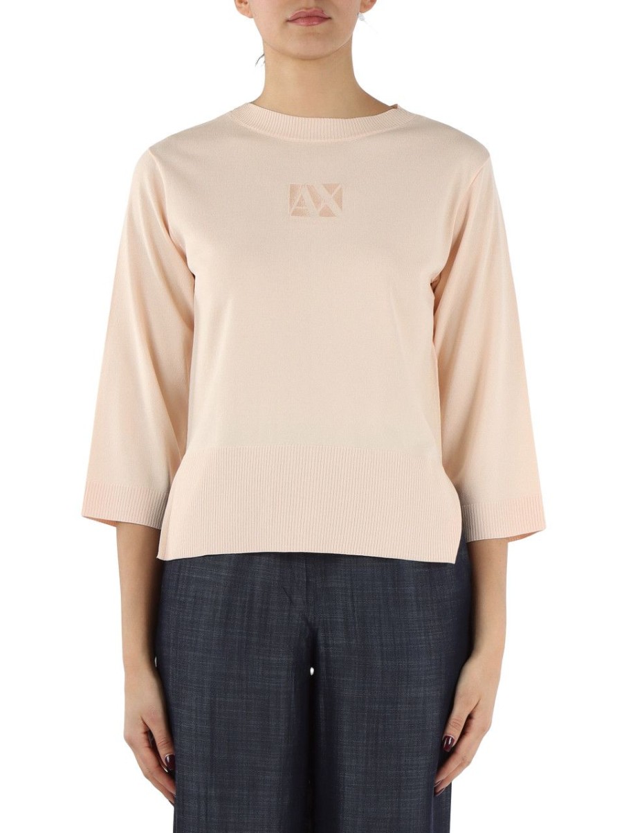 Donna ARMANI EXCHANGE | Maglia In Misto Viscosa Con Ricamo Logo Cipria