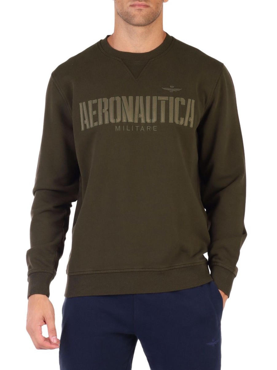 Uomo AERONAUTICA MILITARE | Felpa Comfort Fit In Cotone Garzato Con Ricamo Logo Verde