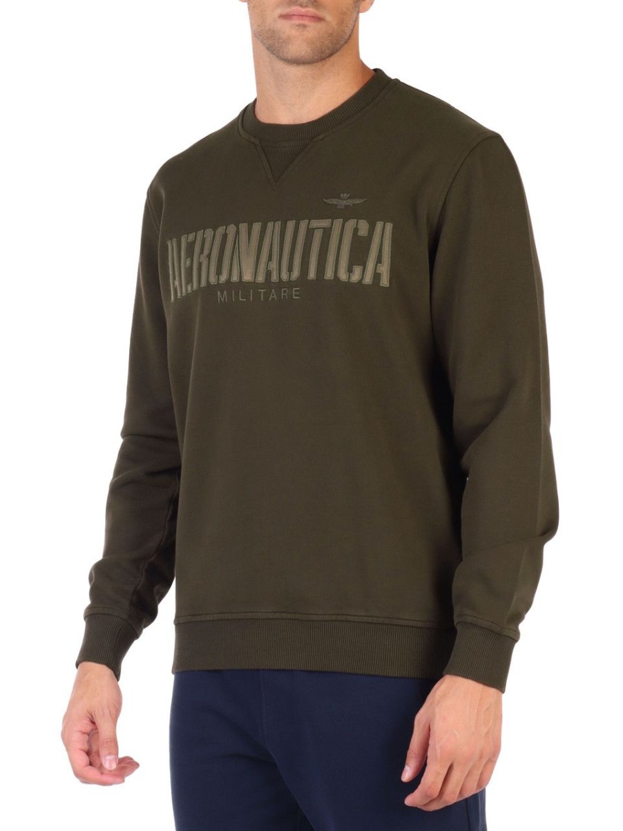 Uomo AERONAUTICA MILITARE | Felpa Comfort Fit In Cotone Garzato Con Ricamo Logo Verde