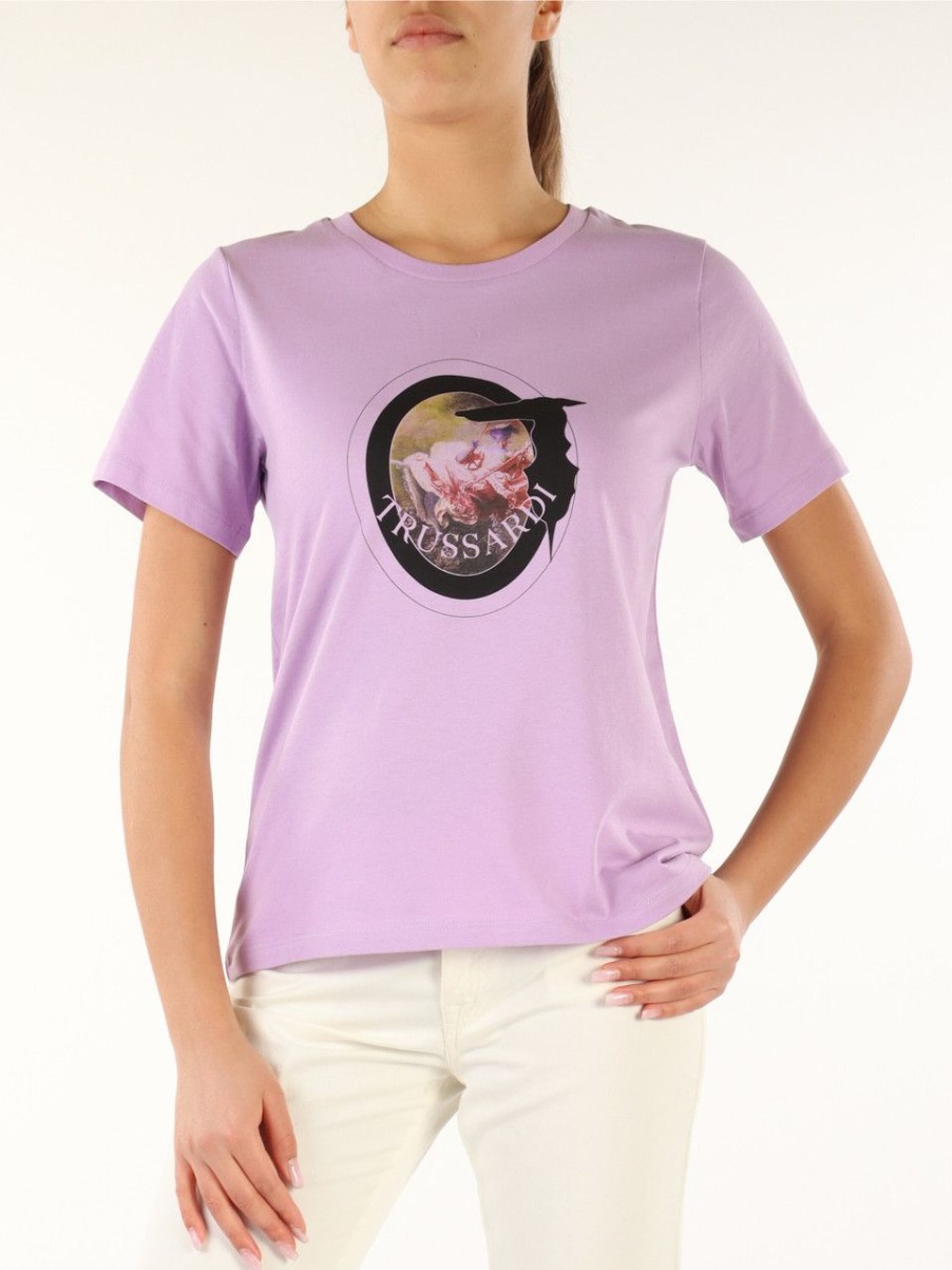 Donna TRUSSARDI | T-Shirt Regular Fit In Cotone Con Stampa Logo Viola Chiaro