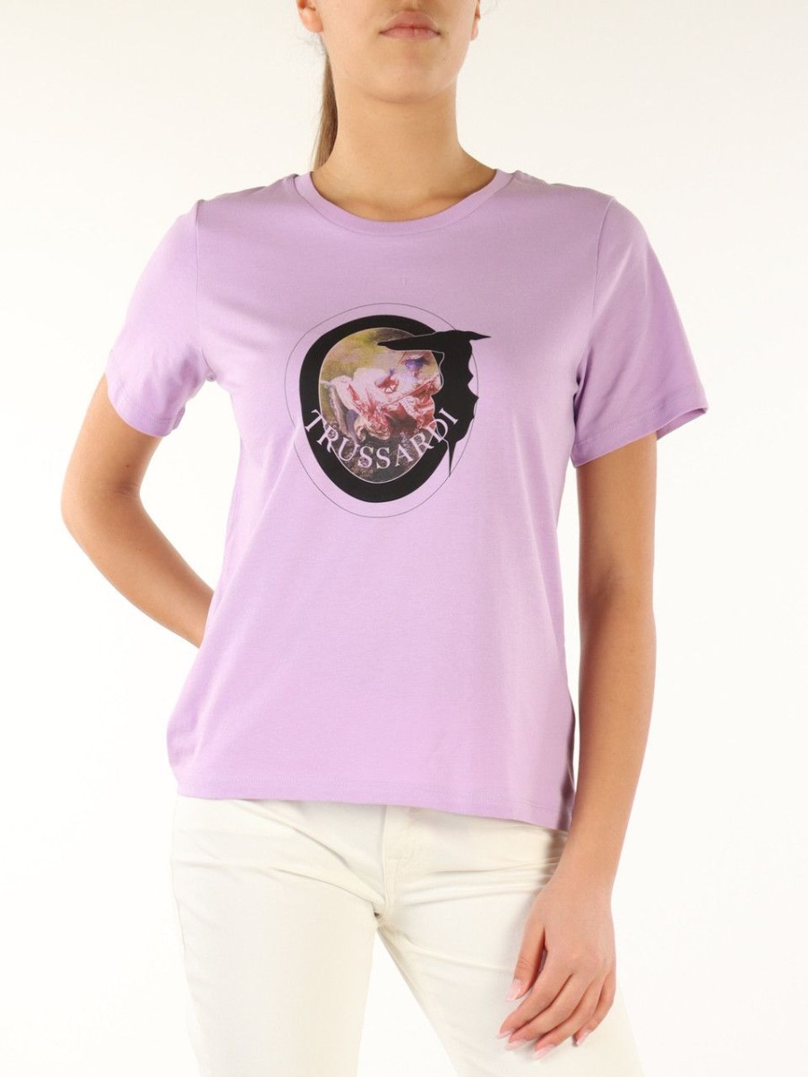 Donna TRUSSARDI | T-Shirt Regular Fit In Cotone Con Stampa Logo Viola Chiaro