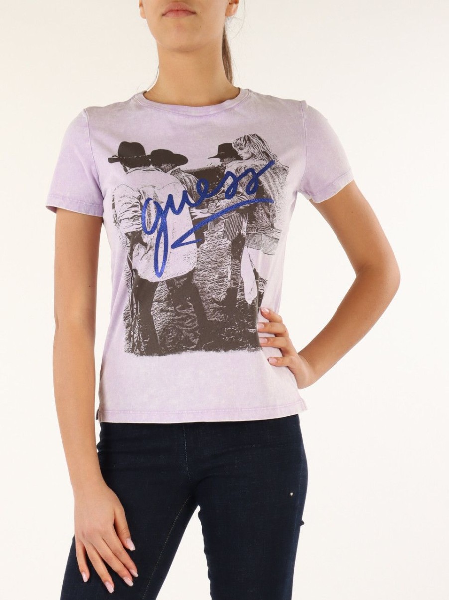 Donna GUESS | T-Shirt In Cotone Effetto Vintage Con Scritta Logo Viola Chiaro