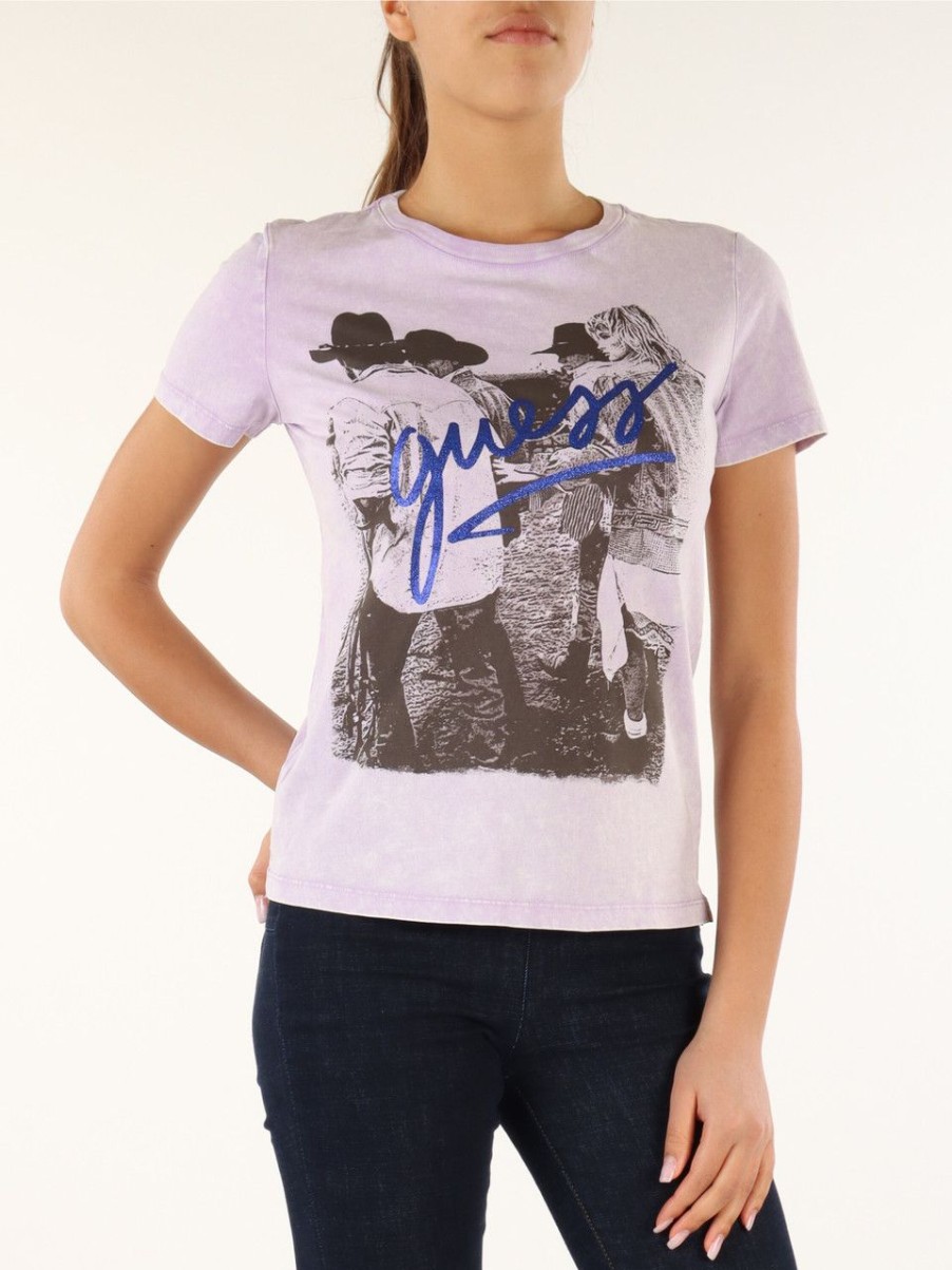 Donna GUESS | T-Shirt In Cotone Effetto Vintage Con Scritta Logo Viola Chiaro