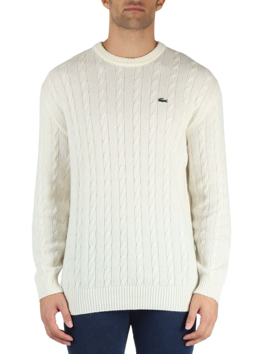 Uomo LACOSTE | Maglia Girocollo Classic Fit A Trecce In Lana Panna