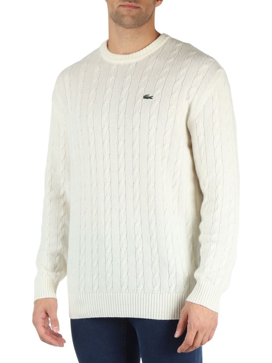 Uomo LACOSTE | Maglia Girocollo Classic Fit A Trecce In Lana Panna