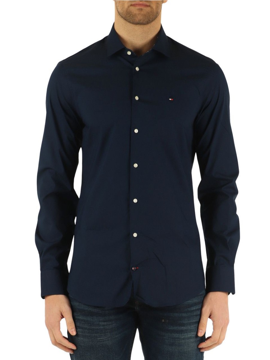 Uomo TOMMY HILFIGER | Camicia Slim Fit In Cotone Stretch Blu Scuro