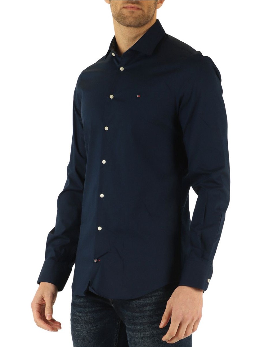 Uomo TOMMY HILFIGER | Camicia Slim Fit In Cotone Stretch Blu Scuro