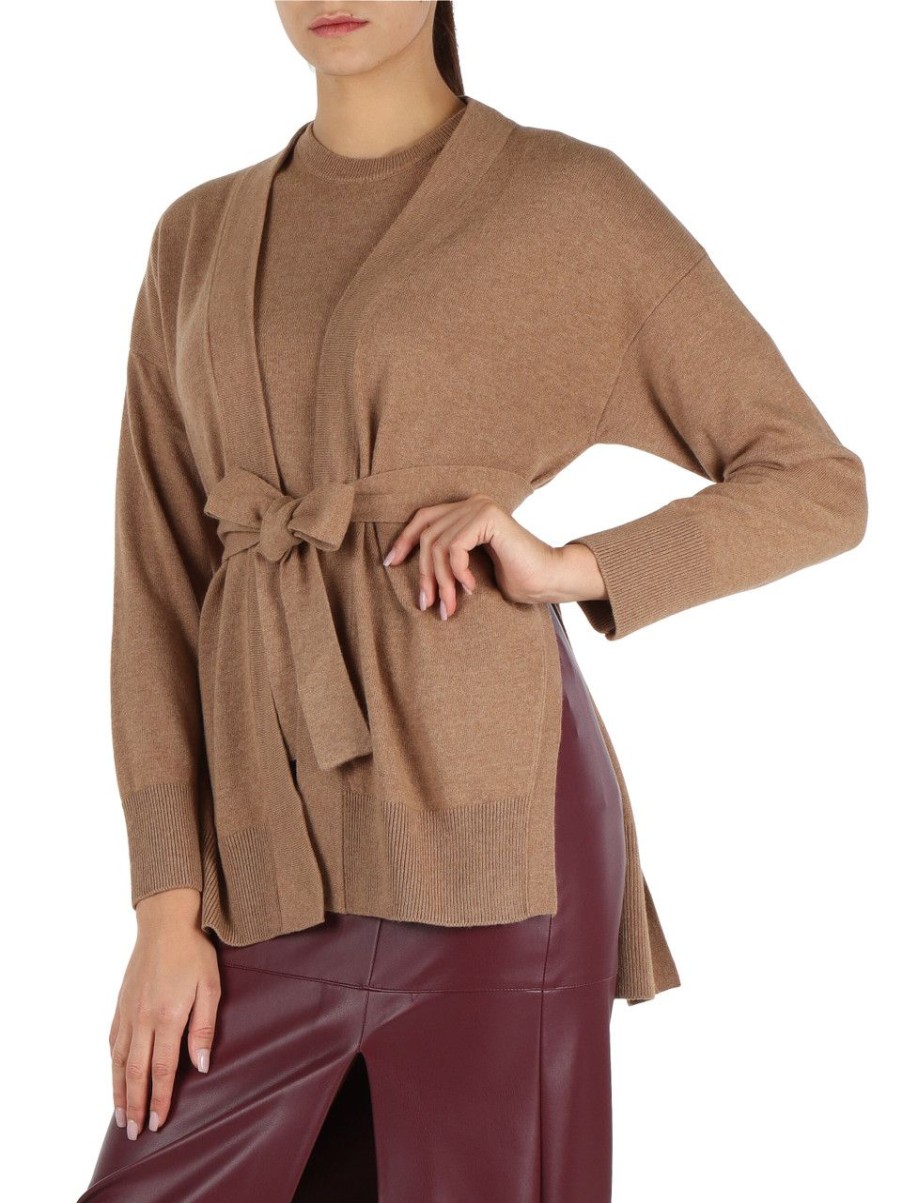 Donna ALPHA STUDIO | Cardigan Con Cintura In Misto Lana E Cashmere Beige