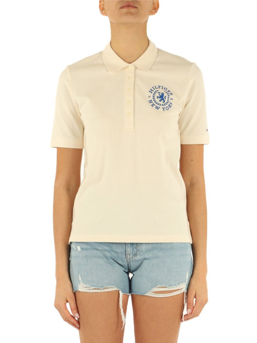 Donna TOMMY HILFIGER | Polo In Cotone Piquet Con Stampa Logo Panna