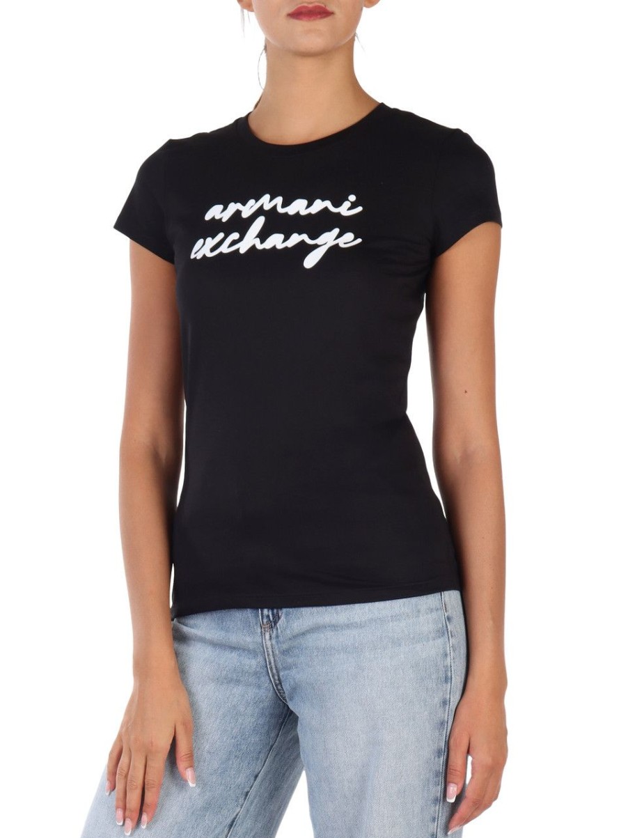 Donna ARMANI EXCHANGE | T-Shirt In Pima Cotton Con Scritta Logo Frontale Nero