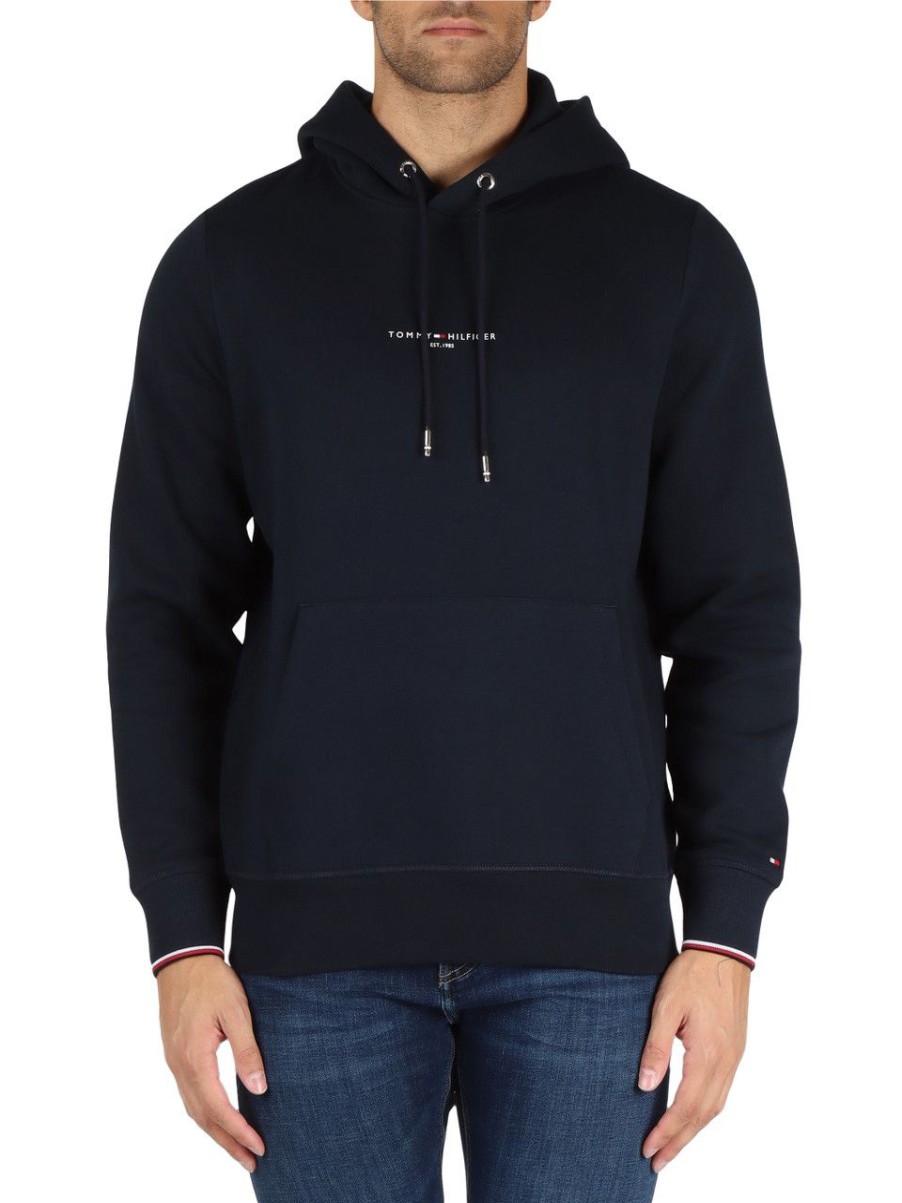 Uomo TOMMY HILFIGER | Felpa In Misto Cotone Con Cappuccio E Scritta Logo Blu Scuro