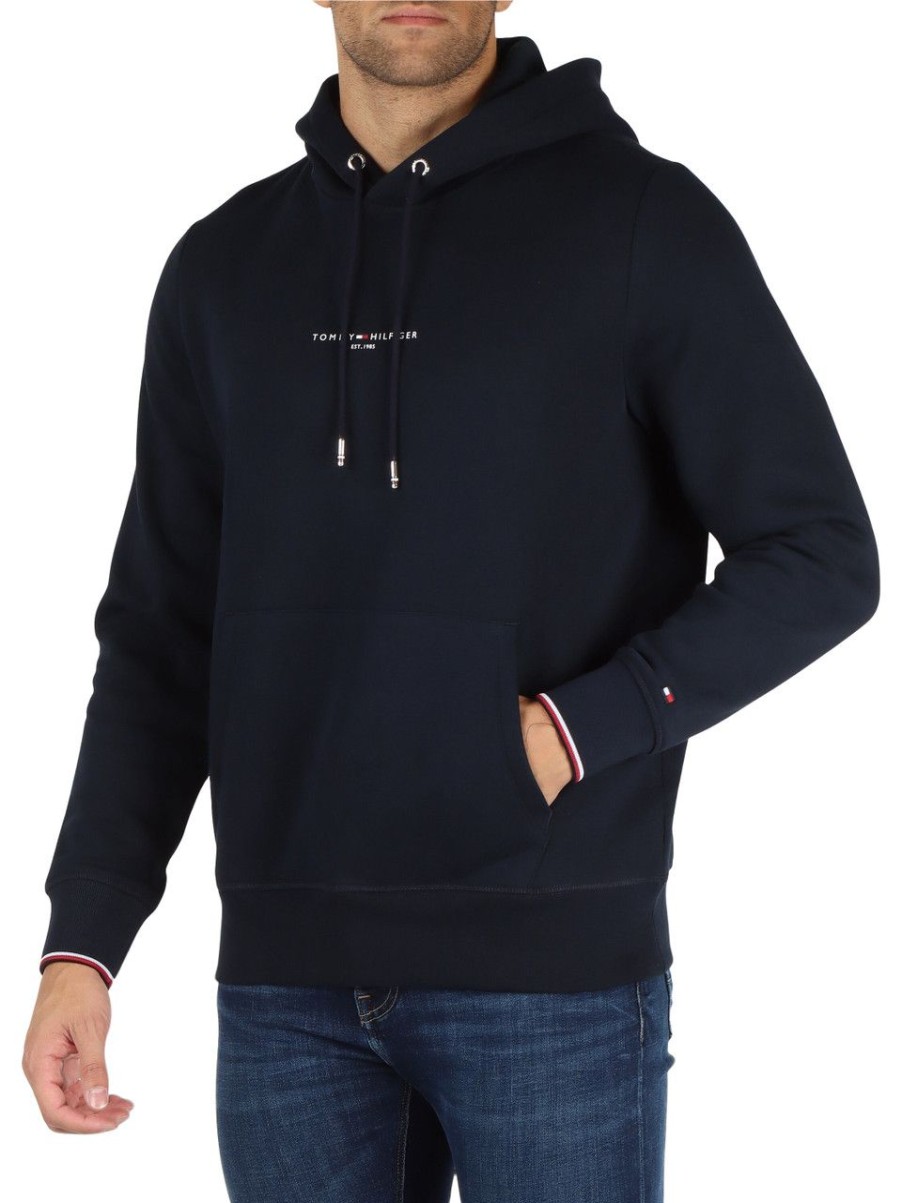 Uomo TOMMY HILFIGER | Felpa In Misto Cotone Con Cappuccio E Scritta Logo Blu Scuro