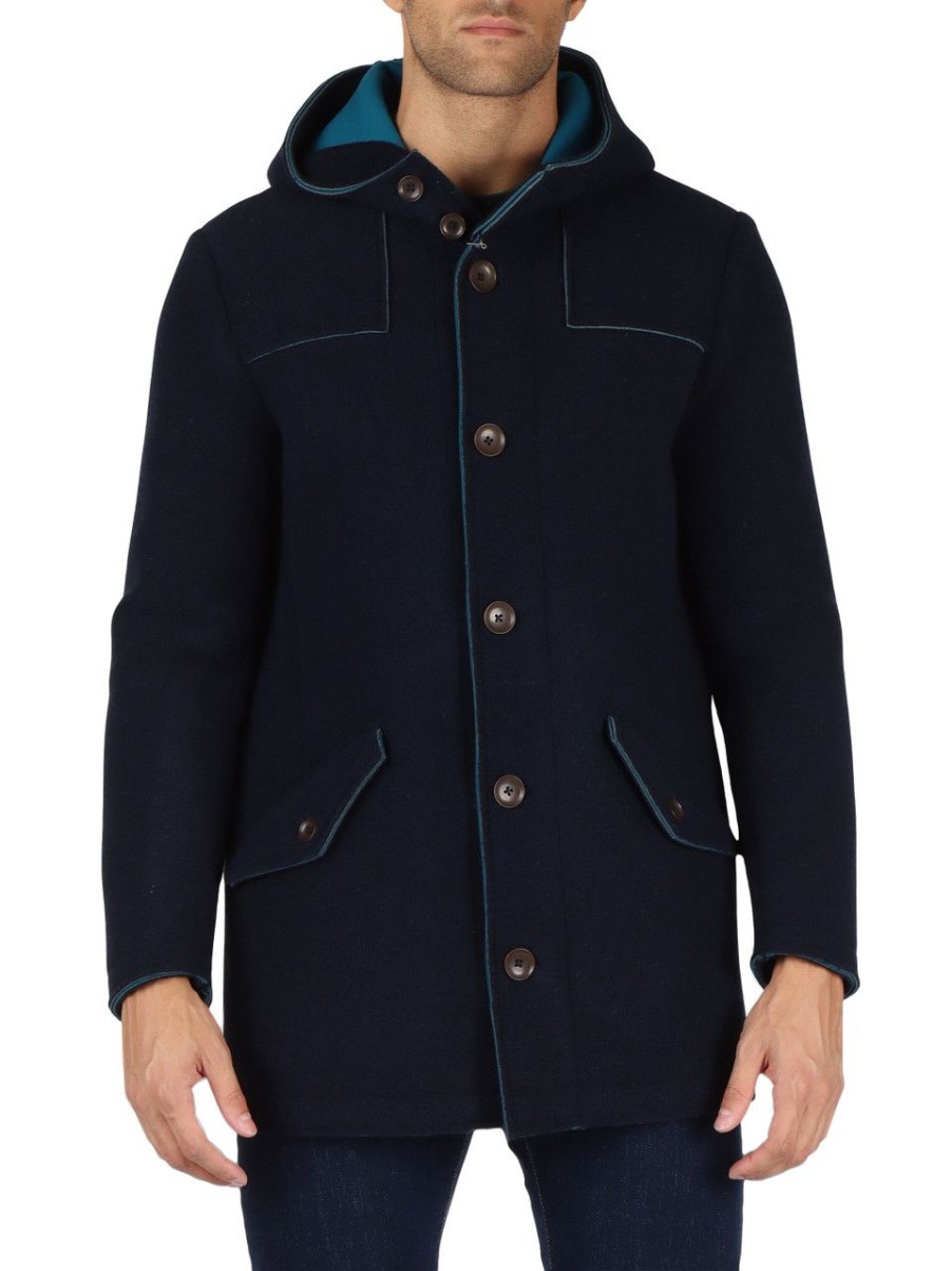 Uomo QB24 | Cappotto Con Cappuccio Kosmo In Misto Lana Blu Scuro