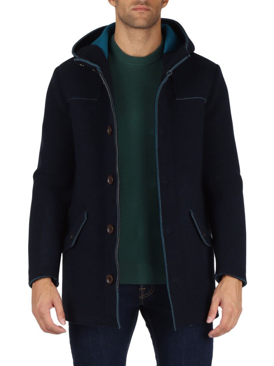 Uomo QB24 | Cappotto Con Cappuccio Kosmo In Misto Lana Blu Scuro